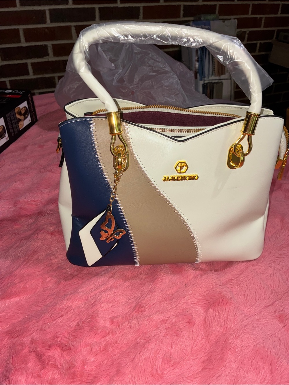 Women's Handbag, Color Block Design, Gold Hardware, Shoulder Bag with Charm